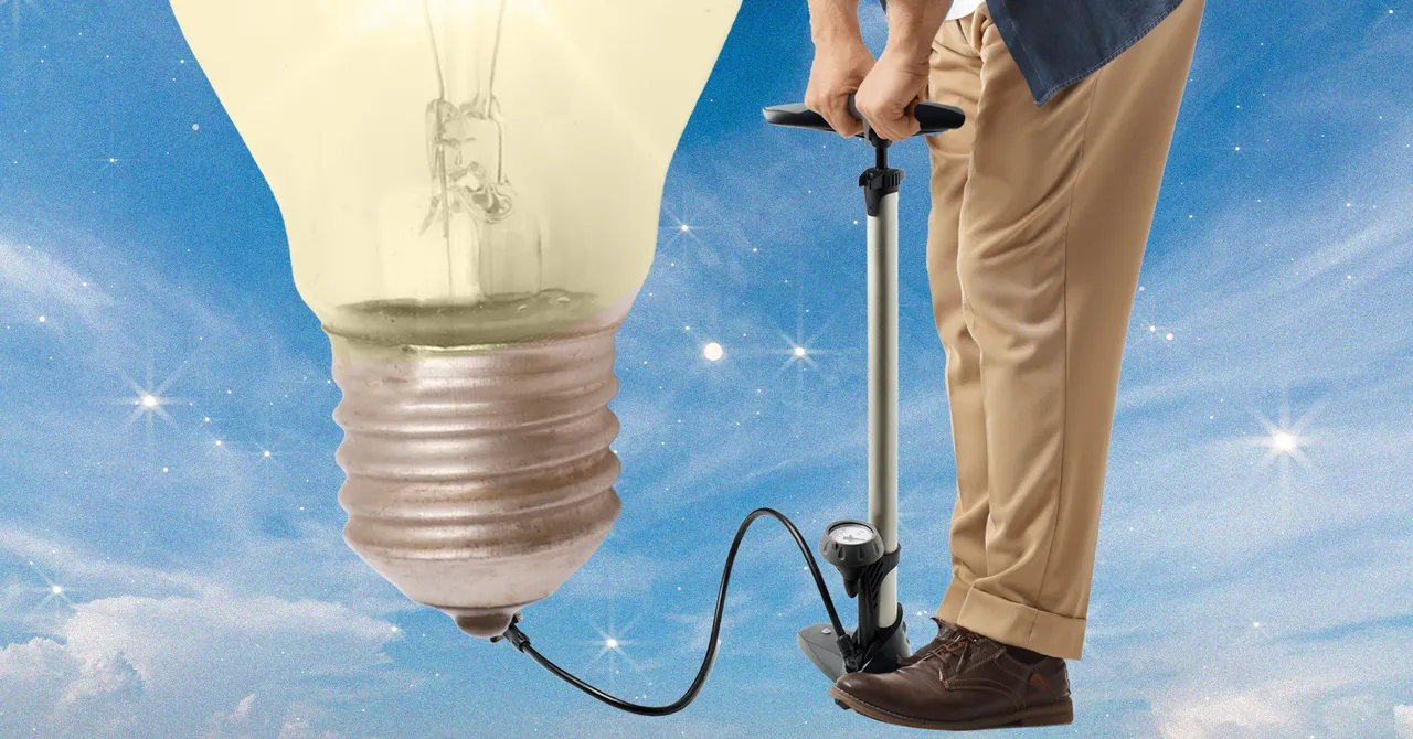 Man in khakis uses a foot pump connected to a giant light bulb, with a starry sky background.