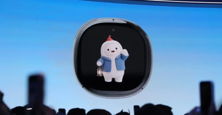 A cartoon character in a blue coat and red hat holding a lantern displayed on a screen against a blue background.