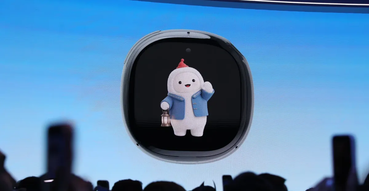 A cartoon character in a blue coat and red hat holding a lantern displayed on a screen against a blue background.