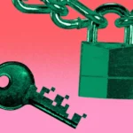 Green padlock and key with a chain on a red and pink gradient background.