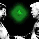 Two men face each other with a handshake, green star shape in the center, black background, halftone effect.