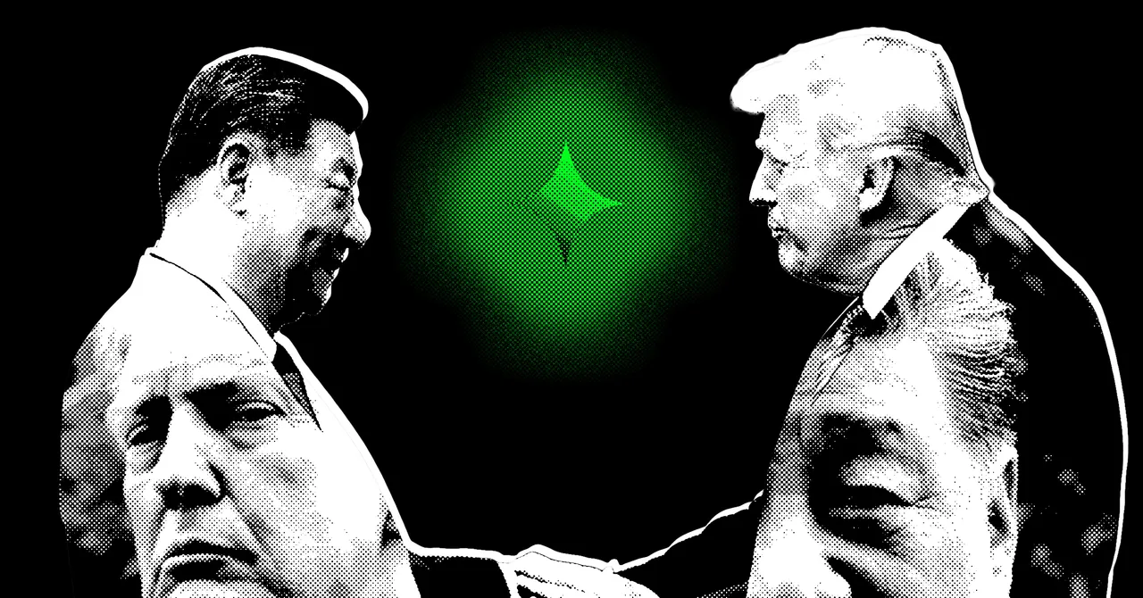 Two men face each other with a handshake, green star shape in the center, black background, halftone effect.