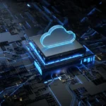 Glowing cloud icon on a circuit board with blue lines, representing data flow and technology integration