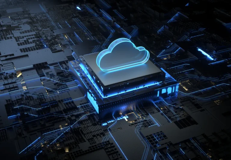 Glowing cloud icon on a circuit board with blue lines, representing data flow and technology integration