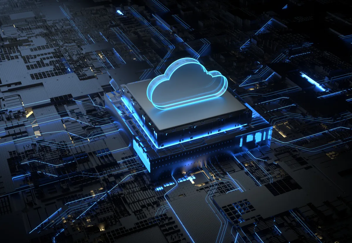 Glowing cloud icon on a circuit board with blue lines, representing data flow and technology integration