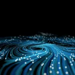 Swirling blue lines with white dots on a dark background, resembling a digital network or data flow