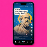Smartphone displaying a TikTok-style app about Socrates, with text and engagement icons against a bright pink background.