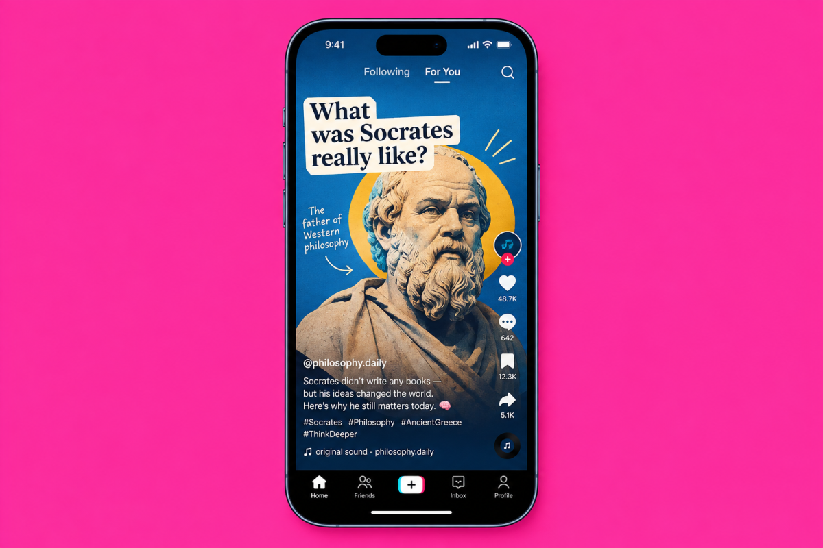 Smartphone displaying a TikTok-style app about Socrates, with text and engagement icons against a bright pink background.