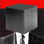 Surreal illustration of a suit-wearing figure with a black box head, red background, and text "malware" with yellow silhou...