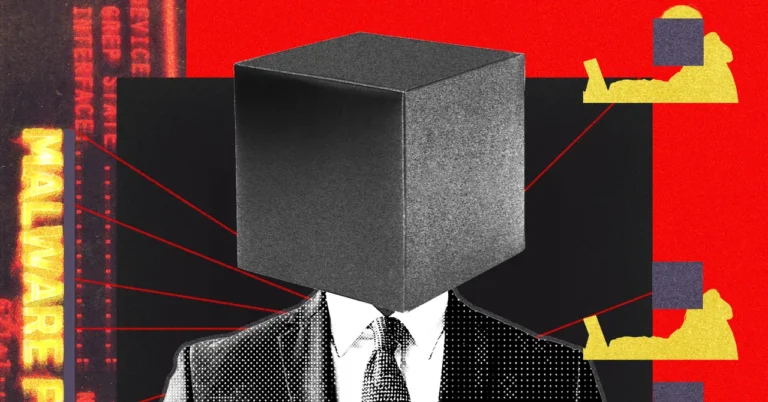 Surreal illustration of a suit-wearing figure with a black box head, red background, and text "malware" with yellow silhou...