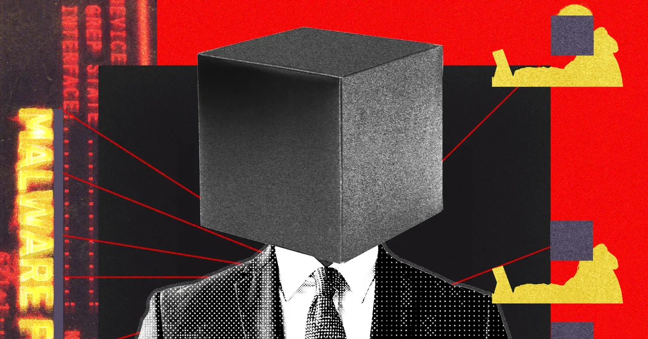 Surreal illustration of a suit-wearing figure with a black box head, red background, and text "malware" with yellow silhou...