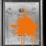 Framed Vitruvian Man drawing with an orange paint splatter across the center.