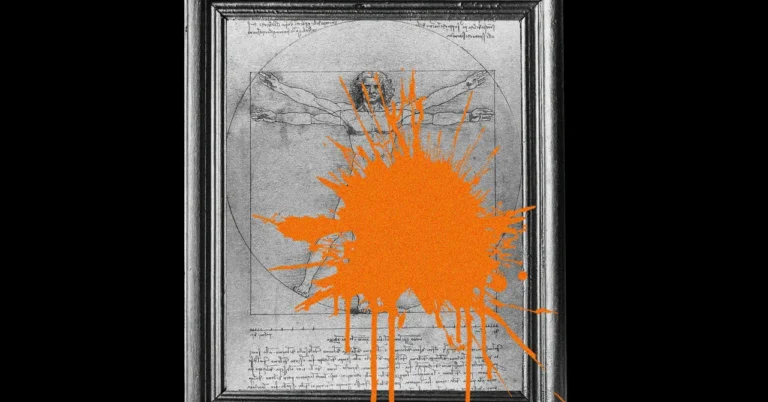 Framed Vitruvian Man drawing with an orange paint splatter across the center.