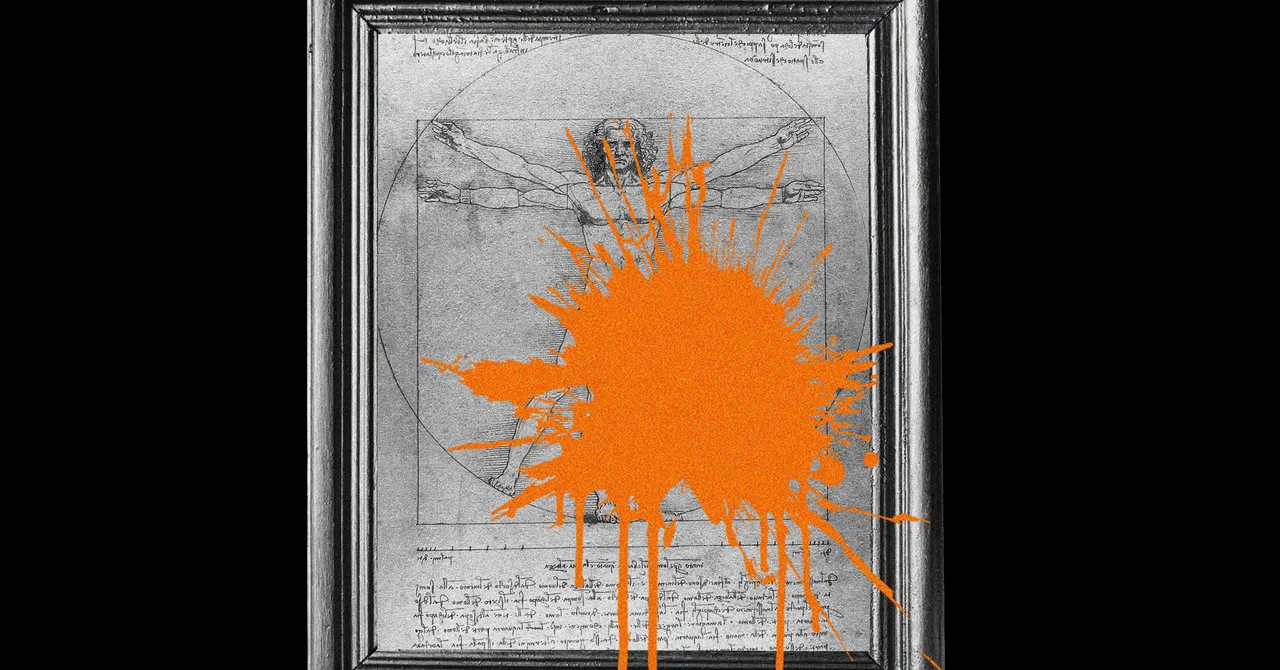 Framed Vitruvian Man drawing with an orange paint splatter across the center.