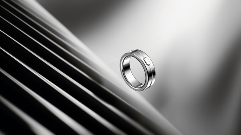 Silver ring-shaped device with a small button floating against a blurred, striped background.