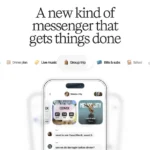 Wabi logo, headline "A new kind of messenger that gets things done," phone screen with chat about Mexico City, and navigat...