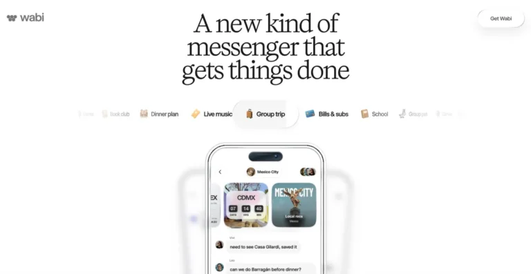 Wabi logo, headline "A new kind of messenger that gets things done," phone screen with chat about Mexico City, and navigat...