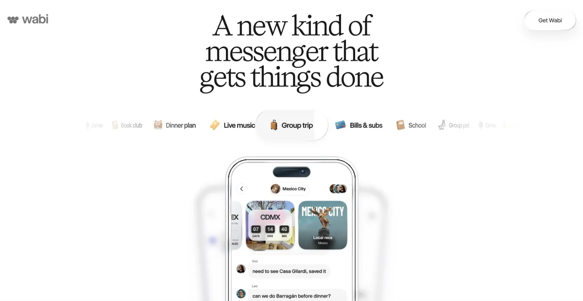 Wabi logo, headline "A new kind of messenger that gets things done," phone screen with chat about Mexico City, and navigat...