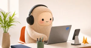 Cute plush character with headphones using a laptop, surrounded by a plant, phone, and origami on a desk.