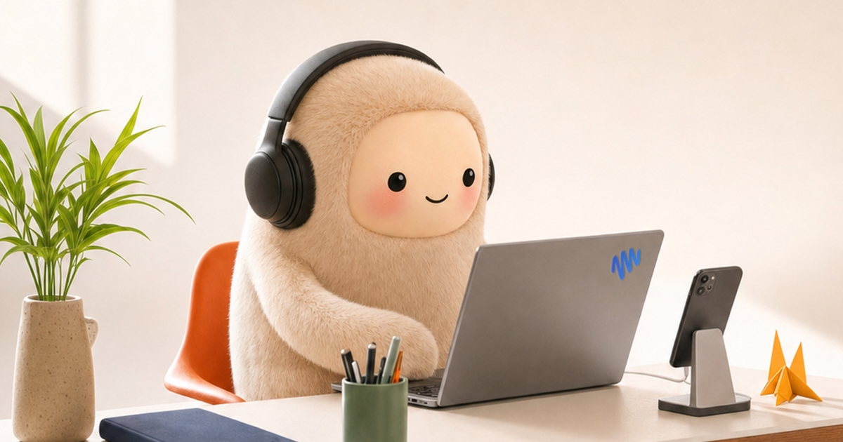 Cute plush character with headphones using a laptop, surrounded by a plant, phone, and origami on a desk.