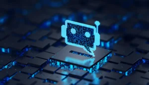Digital robot icon on a blue, futuristic circuit board background, symbolizing artificial intelligence technology