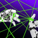 Robotic hands manipulate glowing green strings against a purple background, symbolizing complex AI connections.