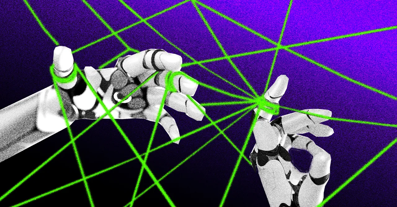 Robotic hands manipulate glowing green strings against a purple background, symbolizing complex AI connections.