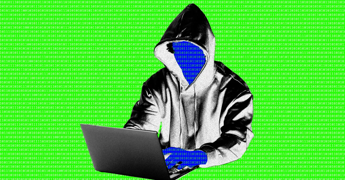Hooded figure with binary code face and hands typing on a laptop, green binary code background.