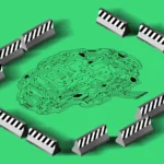 Circuit board brain surrounded by traffic barriers on a green background.