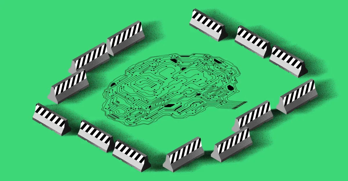 Circuit board brain surrounded by traffic barriers on a green background.