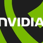 Nvidia logo with bold white text on a green and black abstract background.