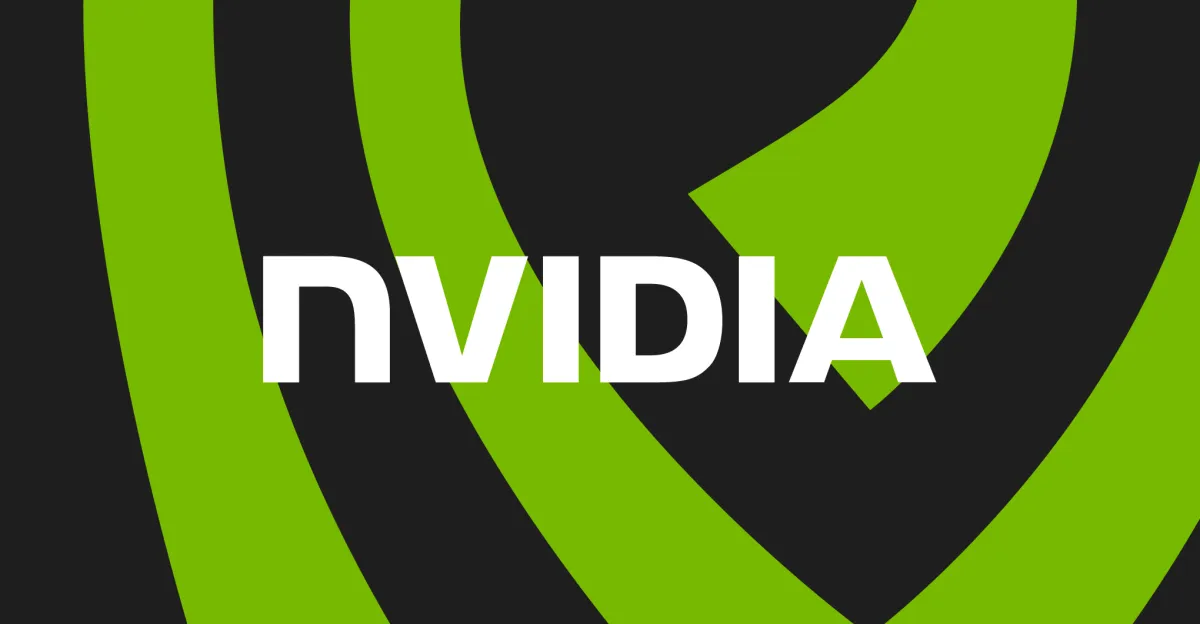 Nvidia logo with bold white text on a green and black abstract background.