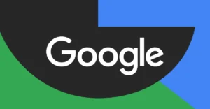 Google logo on a black semicircle with green and blue background.