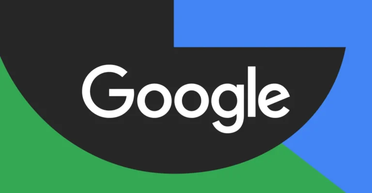 Google logo on a black semicircle with green and blue background.