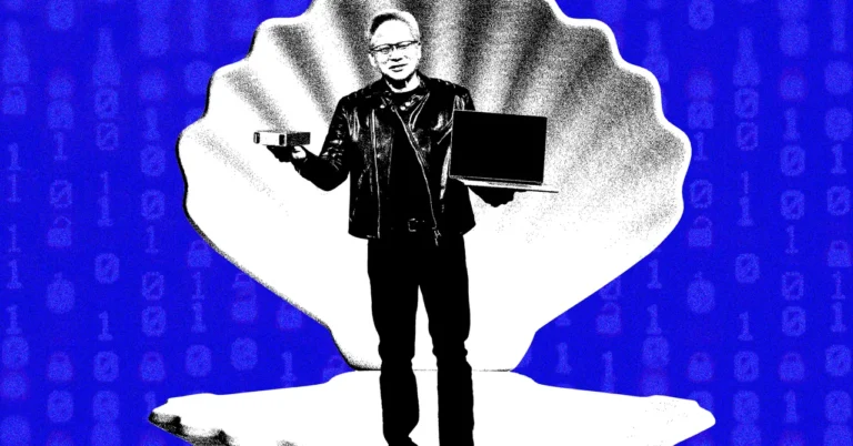 Man in leather jacket holding a laptop and a device stands against a large shell backdrop, binary code background.