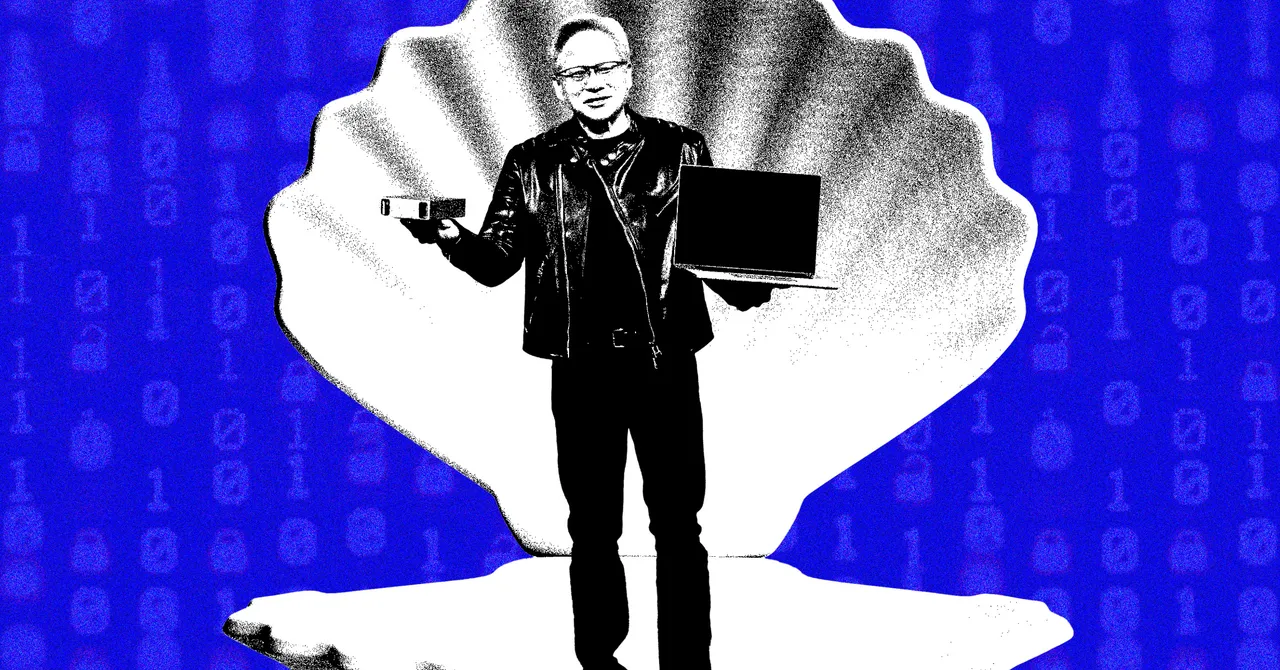 Man in leather jacket holding a laptop and a device stands against a large shell backdrop, binary code background.