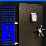 Open black safe with numeric code display and Meta logo, blue numeric code background, large blue "M" on door.