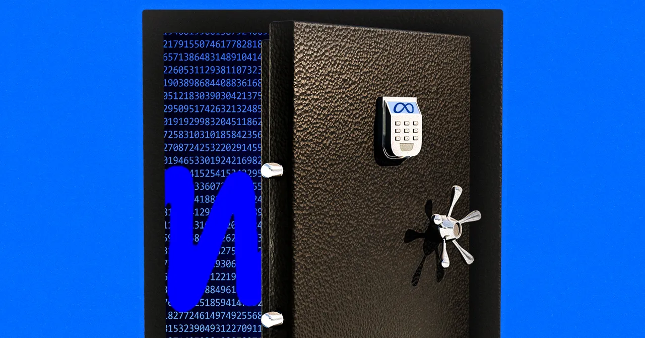 Open black safe with numeric code display and Meta logo, blue numeric code background, large blue "M" on door.