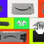 Various tech gadgets and Amazon packages on colorful backgrounds, with a large cursor hand icon in the center.