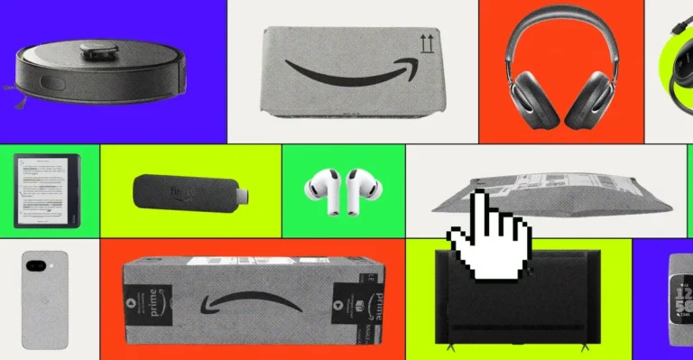 Various tech gadgets and Amazon packages on colorful backgrounds, with a large cursor hand icon in the center.