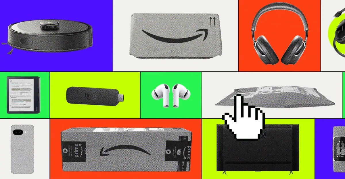 Various tech gadgets and Amazon packages on colorful backgrounds, with a large cursor hand icon in the center.