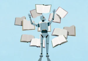Robot juggling open books against a light blue background.