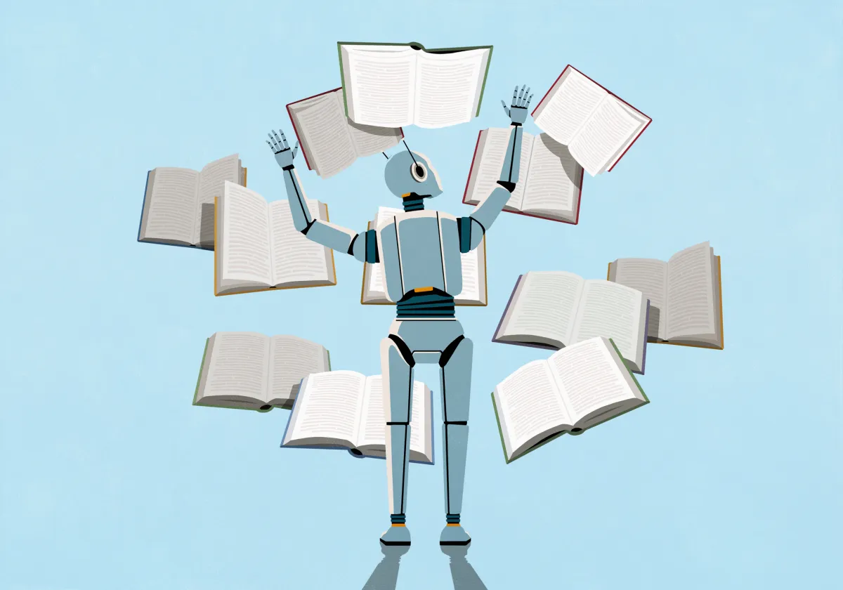 Robot juggling open books against a light blue background.