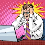 Man in glasses and striped tie looks stressed at a laptop, with comic-style explosion background.