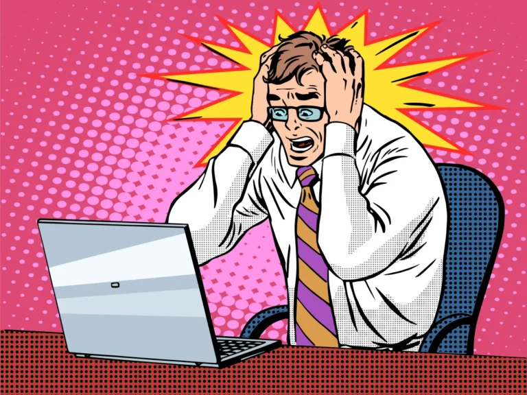 Man in glasses and striped tie looks stressed at a laptop, with comic-style explosion background.