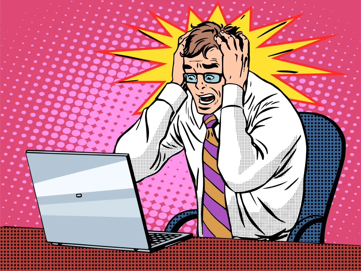 Man in glasses and striped tie looks stressed at a laptop, with comic-style explosion background.