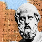 Bust of an ancient philosopher overlaid on fragmented Greek papyrus with faded text, blue background elements.