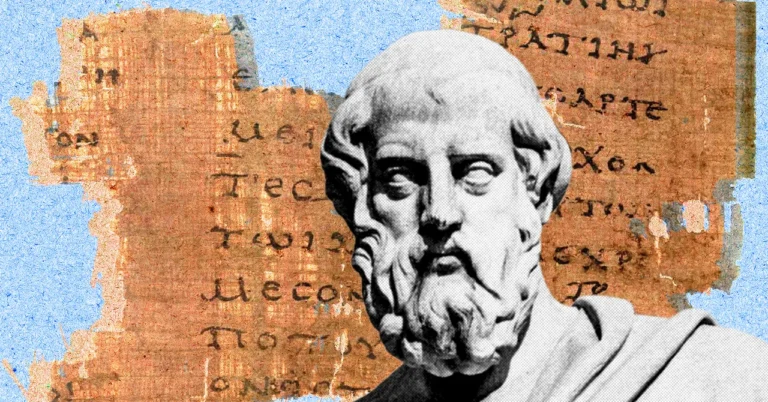 Bust of an ancient philosopher overlaid on fragmented Greek papyrus with faded text, blue background elements.