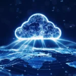 Glowing digital cloud network over a world map, with interconnected nodes and data icons on a dark blue background.