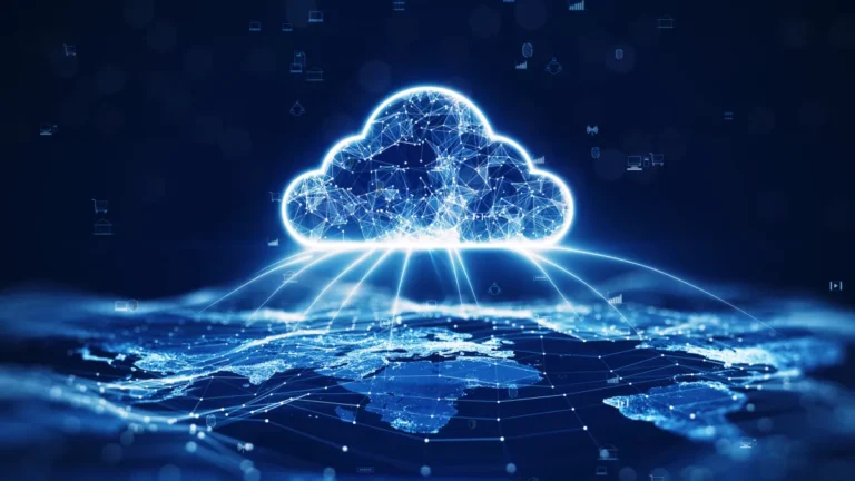 Glowing digital cloud network over a world map, with interconnected nodes and data icons on a dark blue background.